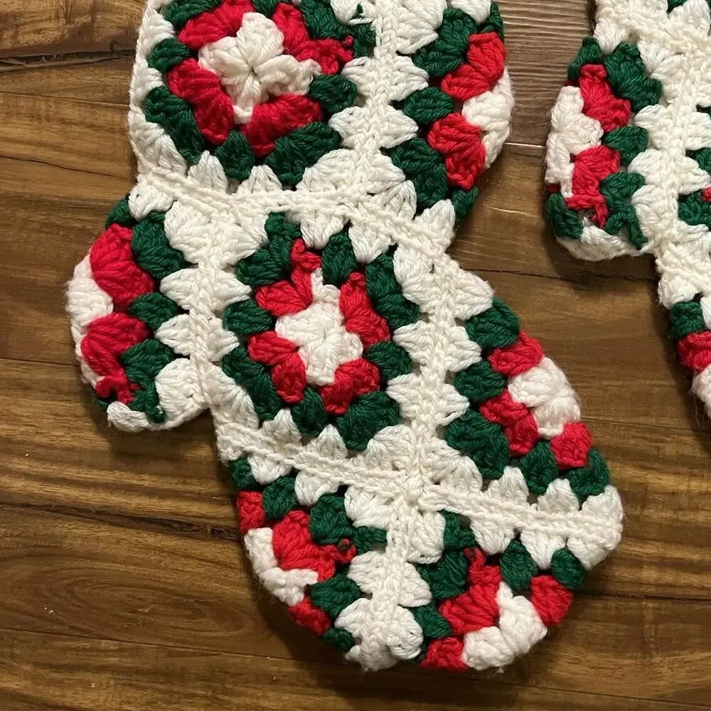 Vintage Lot of 3 Crochet Granny Square Christmas Stockings Red Green White Heels